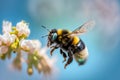 Flying bumblebee in spring on tree blossom. Bumble bee collecting pollen and nectar from blossom flowers. generative AI