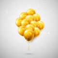 Flying bunch of golden balloon with shadow. Shine helium balloon for wedding, Birthday, parties. Festival decoration. Vector