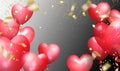 Flying bunch of red balloon hearts and golden confetti on transparent background. Happy Valentines Day. Vector holiday Royalty Free Stock Photo