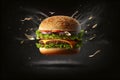 Flying burger on black background, concept of fast food Royalty Free Stock Photo