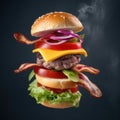 Flying burger filled with beef, bacon and cheese on a black background photo, in the style of playful surrealism