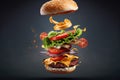 Flying burger filled with beef, cheese and vegetables on a black background photo, in the style of playful surrealism