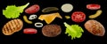 Flying Burger ingredients isolated on a black background. Food levitation concept. fast food products Royalty Free Stock Photo