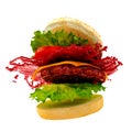 Flying burger with sauce splash. - 3d rendering