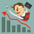 Flying businessman hero with outstretched arm for success concept. Increase graph and arrow. Cartoon character.