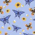 Flying butterflies and blooming flowers pattern
