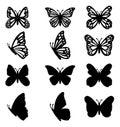 Flying butterflies silhouette black with line butterflies set,for tatto,card.vector Royalty Free Stock Photo