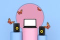 Flying Butterfly Between  Audio Studio Acoustic Speakers, Modern Laptop Notebook over Pink and Blue Pedestal Promo Stands. 3d Royalty Free Stock Photo