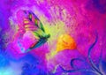 Flying butterfly with cala flower in cosmic space. Painting with graphic design.