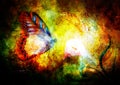 Flying butterfly with cala flower in cosmic space. Painting with graphic design.