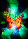 Flying butterfly in cosmic space. Painting with graphic design.