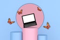 Flying Butterfly Between Modern Laptop Notebook over Pink and Blue Pedestal Promo Stands. 3d Rendering Royalty Free Stock Photo