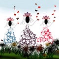 Flying butterfly and three girls background