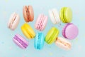 Flying cake macaron or macaroon on turquoise pastel background. Colorful almond cookies on dessert.