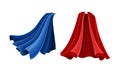 Flying capes set. Red and blue carnival cloak, costume of superhero cartoon vector illustration Royalty Free Stock Photo