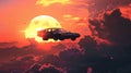 Flying car against a cosmic sunset. Copy Space Royalty Free Stock Photo