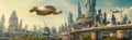 Flying car. City of the future. Fantastic architecture.generative ai Royalty Free Stock Photo