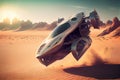 flying car of the future flies along the desert Royalty Free Stock Photo