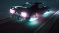 The flying car of the future rushes through the neon street of the cyber city. View of an future city. 3D Rendering.