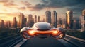 Flying car hybrid drone against the backdrop of a modern city in the future.