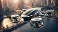 Flying car hybrid drone against the backdrop of a modern city in the future.