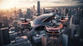 Flying car hybrid drone against the backdrop of a modern city in the future.