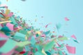 flying carnival confetti colorful blue birthday event party background celebration festive. Generative AI.