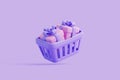 Flying cartoon shopping basket with gift boxes on purple background Royalty Free Stock Photo