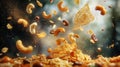 Flying Cashews Cornflakes and Chips on Dark Background Royalty Free Stock Photo