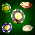 Flying casino chips. Casino game 3D tokens. Gambling concept, colorful poker chips with golden design elements Royalty Free Stock Photo