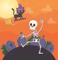 Flying cat and dancing skeleton gravestones halloween