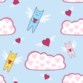 Flying cats with loving heart, seamless