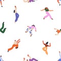 Flying characters, seamless pattern. Happy free people in funny poses, floating, soaring in air, falling, endless