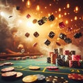 flying chips dices and cards in casino setting colorful illustration