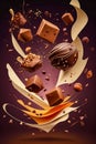 Flying chocolate candies pralines with smooth splashs. Generative AI