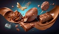 Flying chocolate candies pralines with smooth splashs. Generative AI