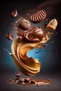 Flying chocolate candies pralines with smooth splashs. Generative AI