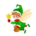 Flying Christmas elf with wings and magic wand star in a green suit bag of sweets, assistant Santa Claus Royalty Free Stock Photo