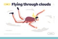 Flying through clouds concept of landing page with woman skydiving with parachute Royalty Free Stock Photo