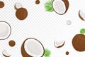 Flying coconuts, seamless pattern background with green palm leaves and halves of coconut with blurred effect, realistic 3d vector