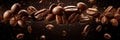 Flying coffee beans background. Close-up brown coffee beans banner. generative ai. Closeup coffee grains background