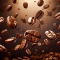 Flying coffee beans background. Close-up brown coffee beans banner. generative ai. Closeup coffee grains background