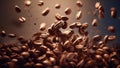 Flying coffee beans background. Close-up brown coffee beans banner. generative ai. Closeup coffee grains background