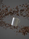 Flying coffee beans and cup