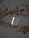 Flying coffee beans and cup Royalty Free Stock Photo