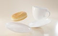 Flying coffee cup with saucer and golden doughnut mock up banner. Confectionery pastry for breakfast or sweet round
