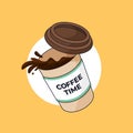 Flying coffee cup with spilled coffee vector outline illustration cartoon style flat design
