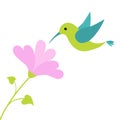 Flying colibri bird and heart flower. Cute cartoon character. Hummingbird. Isolated