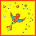 Flying colorful bird with flowers