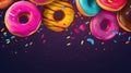 Flying colorful doughnuts with multicolored glaze. Creative food trend. Levitating food, banner. Donuts illustration with copy